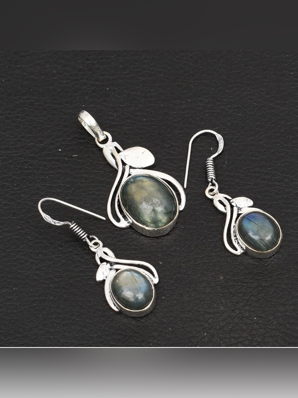Labradorite Gemstone Ethnic Artisan Handcrafted Pendant Necklace & Earrings Set.
